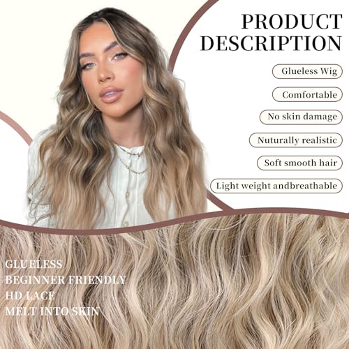 KOME Ombre Ash Blonde Long Wave Wigs for Women,Put On Go Glueless Lace Front Wig,Middle Part Synthetic Wig for Daily Party Use 26IN