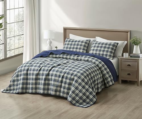 Chezmoi Collection Chad 2-Piece Printed Plaid Cotton Quilt Set Twin Size - Blue Green Light Beige Plaid - Stone Washed Cotton Breathable Lightweight Bedspread Set