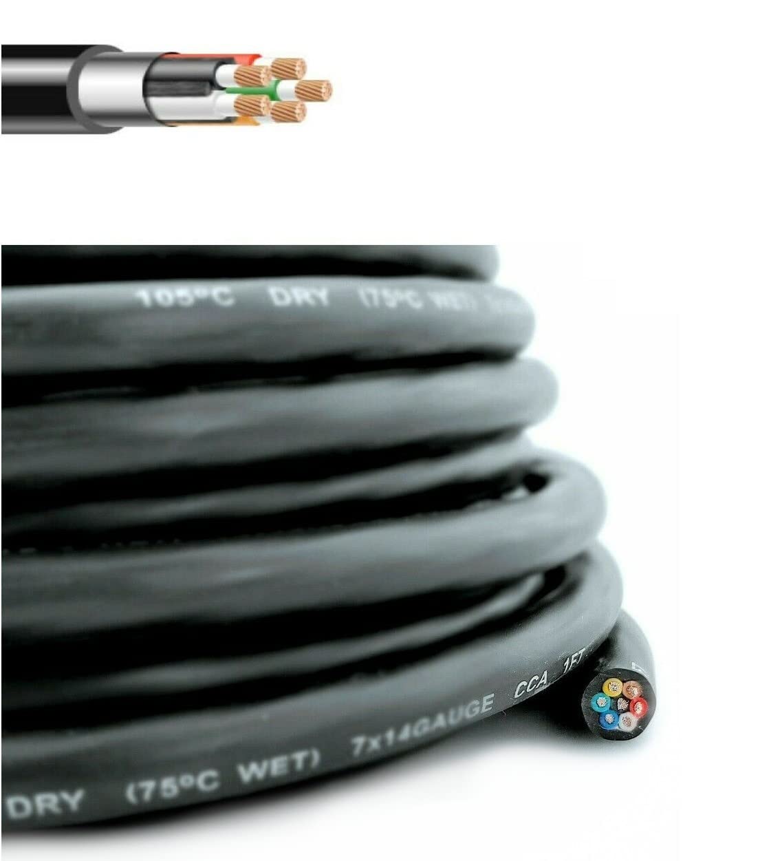 14 Gauge 7 Way Conductor Extension RV Trailer Wire Cable Wiring Insulated 50 Feet 14/7