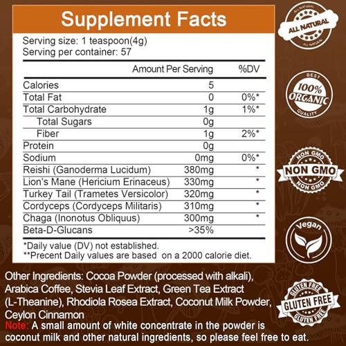 Mushroom Coffee for Smoothies/Latte, Mushroom Powder Blend (57 Servings) with Lions Mane, Reishi, Cordyceps, Turkey Tail, Chaga - Mushroom Supplement for Energy, Focus, Immune- 8 oz