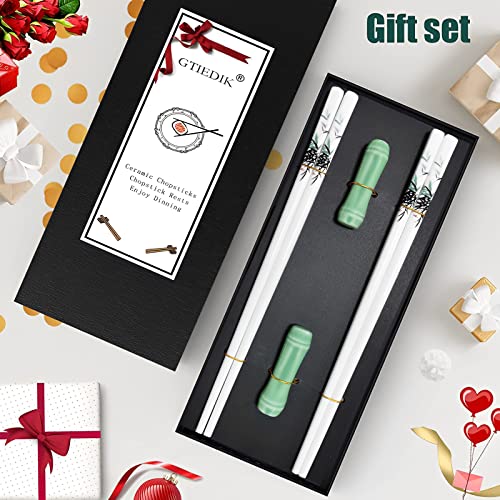 Porcelain Chopsticks and Porcelain Holder,2 Pairs Reusable Chopsticks with Delicate box, Washable and Dishwasher Safe, Ceramic Chopsticks Chinese Japanese Korean Classic Stylish(Green Bamboo)
