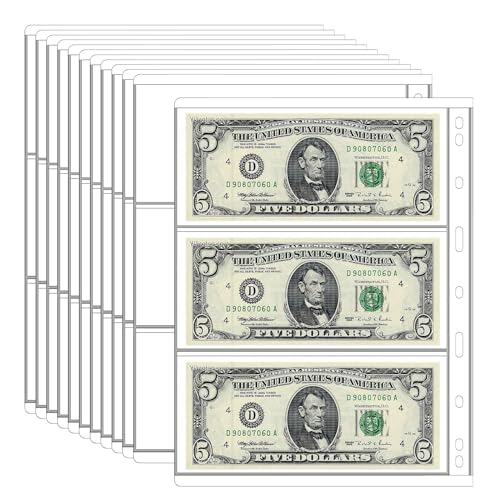 12 Sheets Paper Money Collection Supplies Pages, Currency Collecting Book Album Sleeves, 36 Pocket Money Stamp Page Holders for Standard 9-Hole Coin Collector Binder, 3 Pockets/Sheet
