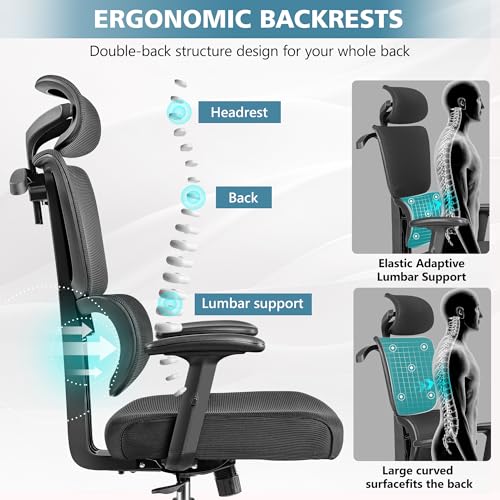 Primy Office Chair Ergonomic Desk Chair, High Back Computer Gaming Chair, Comfy Big and Tall Home Office Chair with Lumbar Support, Breathable Mesh Reclining Chair Adjustable Armrests Headrest (Black)