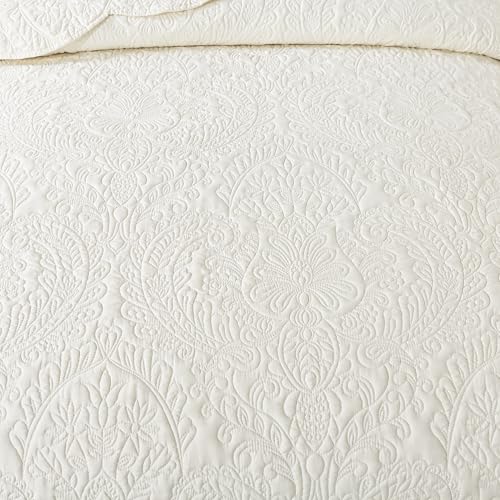 HoneiLife King Quilt Bedding Set - Velvet Quilt Sets 3-Pieces, Lightweight Bedspreads Solid Coverlets Retro Bed Cover Quilt King Size All Season Quilts, Nature White