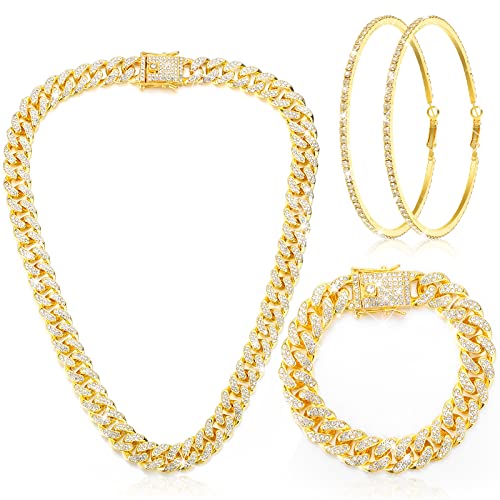 Batiyeer Link Chain Necklace Bracelet Rhinestone Earrings Bling Necklace Bracelet Crystal Big Circle Earring for Women(Gold, 16 Inch)