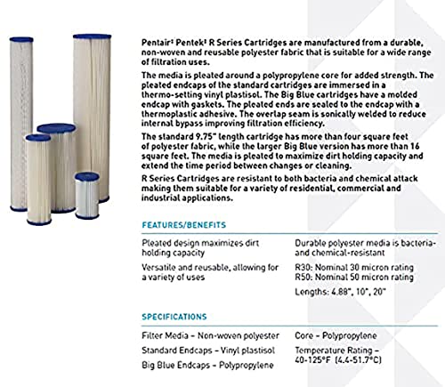 Pentair Pentek R30-478 Sediment Water Filter, 5-Inch, Under Sink Pleated Polyester Filter Cartridge, 5" x 2.5", 30 Micron