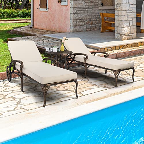 VINGLI Cast Aluminum Outdoor Chaise Lounge Chair with Wheels, Patio Chaise Lounge with 3-Position Adjustable Backrest, Outdoor Tanning Chair Patio Lounge Chaires (Bronze, with Cushion)