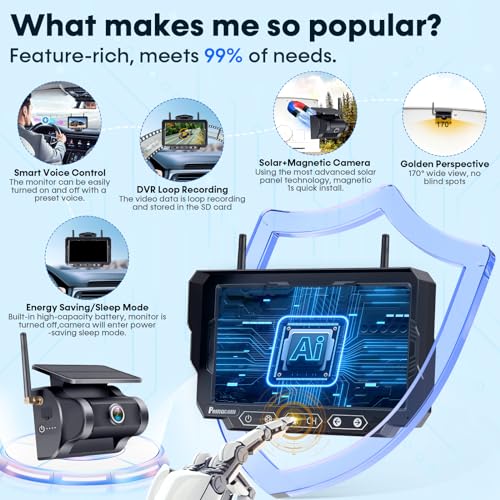 Magnetic Solar Wireless Backup Camera: 7" DVR Portable 1 Min Easy Install Scratch-Proof No Delay Truck Trailer Hitch Rear View Camera Rechargeable HD 1080P for Small RV Camper Pemacom P15