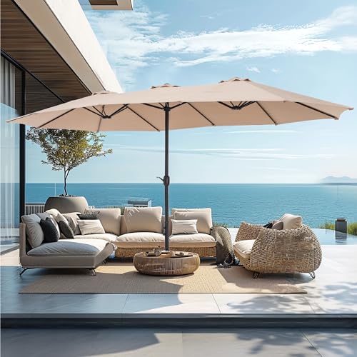 PHI VILLA 15ft Large Patio Umbrellas with Base Included, Outdoor Double-Sided Rectangle Market Umbrella with Crank Handle, for Poolside Lawn Garden, Beige