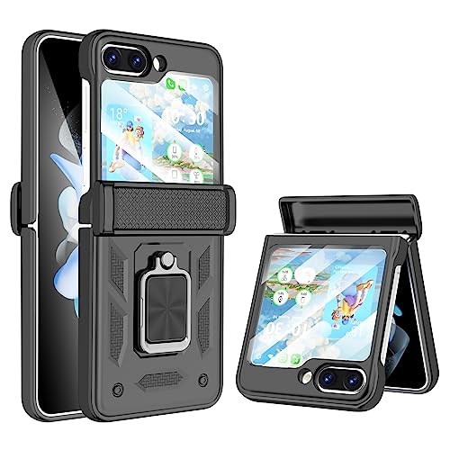 Galaxy Z Flip 5 Case with Hinge Protection Back Screen Protector Shockproof Z Flip 5 Case Ring Kickstand for Samsung Flip Z 5G Case - Black