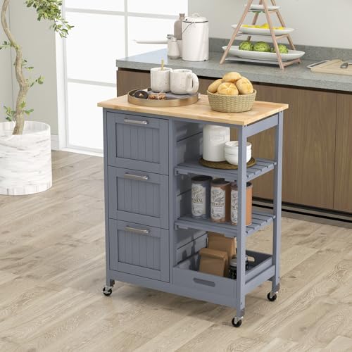 GOFLAME Kitchen Island Cart on Wheels with Storage, Versatile Rolling Cart with Wood Countertop, 3 Drawers, Removable Tray & Lockable Casters, Mobile Serving Trolley for Kitchen, Dining Room, Grey