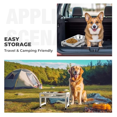 Veehoo Elevated Dog Bowls - Metal Stand with Slow Feeder & 2 Stainless Steel Food/Water Bowls, Non-Slip, Adjusts to 3.7"-12" for Large, Medium & Small Dogs, Grey