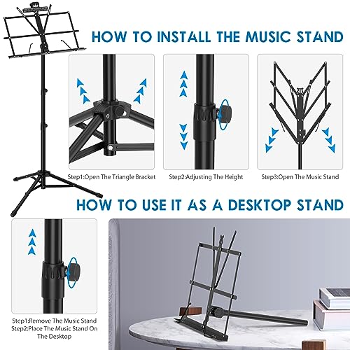 K KASONIC Music Stand, 2 in 1 Dual-Use Folding Sheet Music Stand & Desktop Book Stand, Portable Lightweight with Music Sheet Clip Holder Carrying Bag