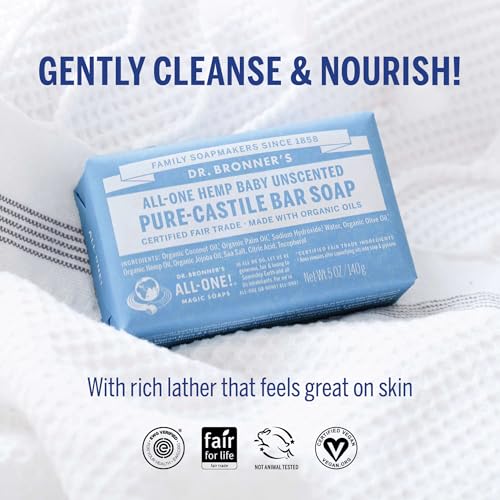 Dr. Bronner's - Pure-Castile Bar Soap (Baby Unscented, 5 ounce) - Made with Organic Oils, For Face, Body and Hair, Gentle for Sensitive Skin and Babies, No Added Fragrance, Biodegradable, Vegan