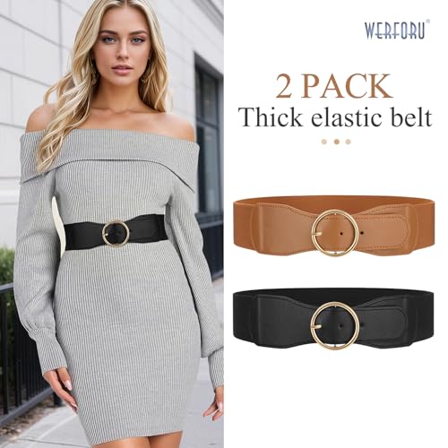 WERFORU 2 Pack Women Elastic Stretchy Wide Belt for Dress Ladies Stretch Thick Waist Belt with Gold O Ring Buckle Black+Brown