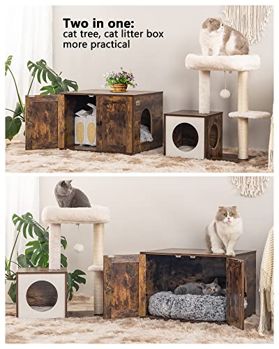 FourFurPets Multipurpose Litter Box Enclosure, Cat Tree and Condo, Side Table, with Large Platform, Cat House, Full Sisal Posts, Removable Washable Cushion, Rustic Brown