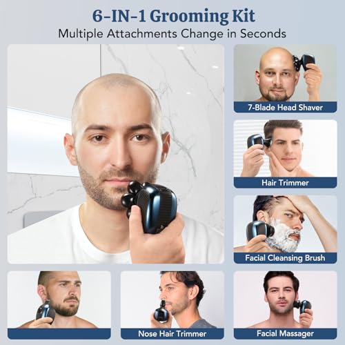 Paubea Head Shavers for Bald Men, 6 in 1 Detachable 7D Head Shaver, Electric Razor with Hair Sideburns Trimmer, Waterproof Wet&Dry, Cordless Mens Grooming Kit, Rechargeable Electric Shavers - Blue