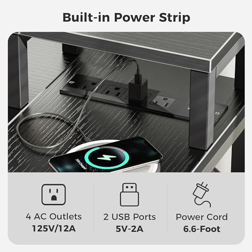 SUPERJARE 47 inch Reversible L Shaped Desk with LED Lights & Power Outlets, Computer Desk with Shelves & Monitor Stand, Gaming Desk with Drawer, Home Office Desk Corner Desk, Black