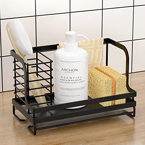 ODesign Sink Caddy,Kitchen sink Organizer Caddy Holder with Drain Pan Sponge Scrubber Brush Kitchen Caddy for Countertop Sponge Holder for Kitchen Sink,SUS304 Stainless Steel Rustproof - Black