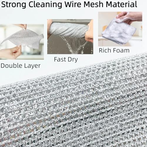 neogor Non-Scratch Wire Cleaning Dishwash Dishcloth, Kitchen Washcloths for Washing Dishes, Multipurpose Wire Dishwashing Rag for Wet and Dry(10PCS)(Double Layer), Silver