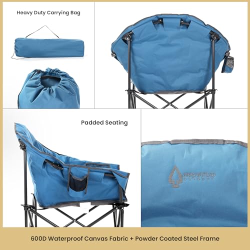ARROWHEAD OUTDOOR Oversized Heavy-Duty Club Folding Camping Chair w/External Pocket, Cup Holder, Portable, Padded, Moon, Round, Saucer, Supports 330lbs, Carrying Bag, USA-Based Support