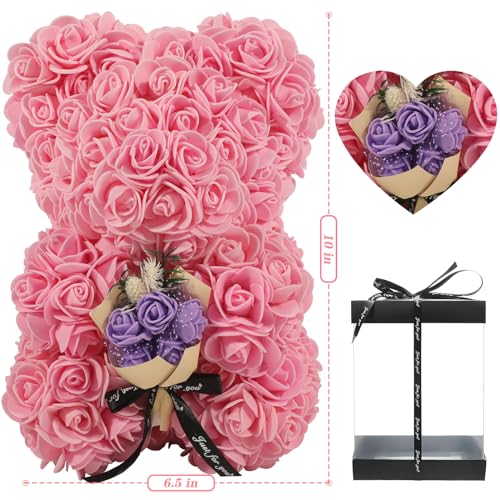 FLOWERS Rose Bear Gifts for Mothers Day, Teddy Bear with Rose Bouquet, Necklace, Greeting Card, Gifts Box for Mom, Wife, Grandma, Anniversary, Birthday, Home Decor