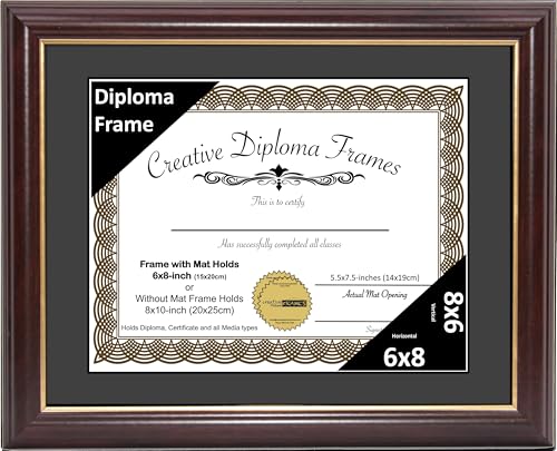 Creative Picture Frames 11x14 Mahogany Gold Rim Diploma Frame with Black Mat Glass and Installed Wall Hangers | Frame Holds 12x16 Media without Mat