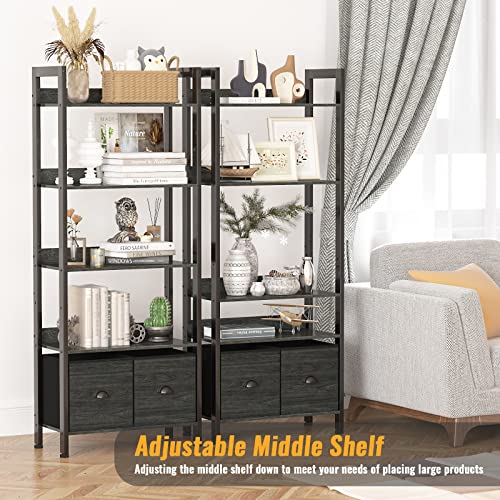 Furologee 5-Tier Bookshelf, Tall Bookcase with 2 Storage Drawers, Industrial Display Standing Shelf Units, Wood and Metal Storage Shelf for Living Room, Bedroom, Home Office, Black Oak