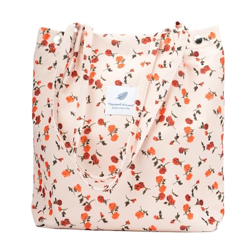 Corduroy Tote Bag Cute Tote Bags for Women Shoulder Bag with Inner Pocket for Work Beach Travel and Shopping Grocery (Grey)