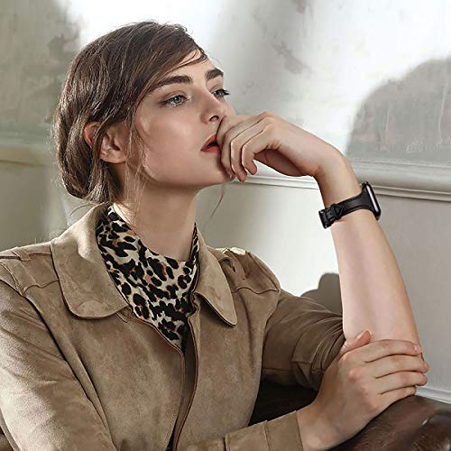 WFEAGL Leather Bands Compatible with Apple Watch Band 38mm 40mm 41mm Women, Top Grain Leather Strap Slim and Thin Replacement Wristband for iWatch SE SE2 Series 9 8 7 6 5 4 3 2 1 (Brown/Gold)