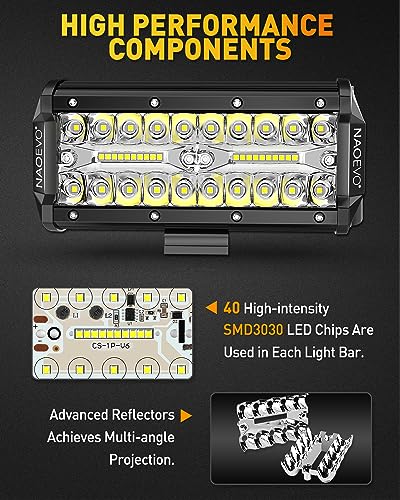 NAOEVO 7 Inch LED Light Bar, 480W 48,000LM Offroad Fog/Driving Lights LED Tractor Lights with Spot Flood Combo Beam, Waterproof LED Work Lights for Truck Boat ATV UTV, 4 Pcs (White)