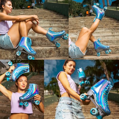 JajaHoho Roller Skates for Women, Holographic High Top Faux Leather Rollerskates, Shiny Double-Row Four Colour Frozen Wheels Quad Skates for Girls and Age 8-51 Indoor Outdoor (Very Peri Blue, Size 3)
