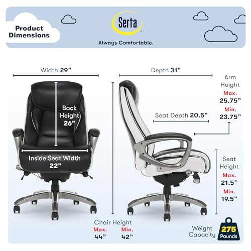 Serta Lautner Executive Home Office Desk Chair, Ergonomic High-Back with Adjustable Lumbar and Body Pillows, SmartLayers and ComfortCoils Technology, Mesh and Bonded Leather, Black & White