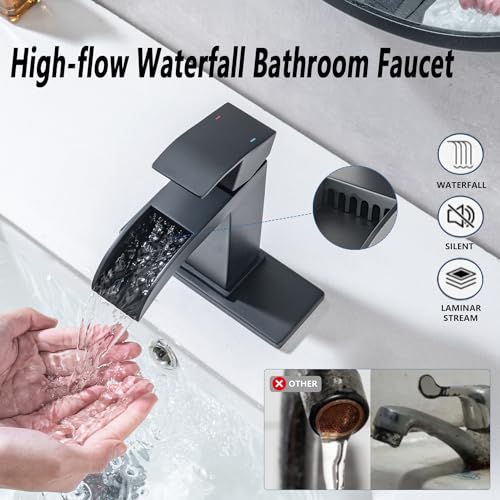 Brushed Nickel Waterfall Bathroom Faucets, High-Flow Bathroom Faucets 1 Hole, Single Handle Bathroom Sink Faucet, Modern Vanity Faucet with Pop Up Drain and Water Supply Lines