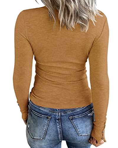 KINLONSAIR Women’s Long Sleeve Henley T Shirts Button Down Slim Fit Tops Scoop Neck Ribbed Knit Shirts Khaki