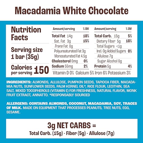 Munk Pack Keto Snack Bars, Macadamia White Chocolate - Healthy Low Carb Nut Bar with 6g Protein, 1g Sugar with Allulose - Gluten Free & Low Glycemic - 12 Count