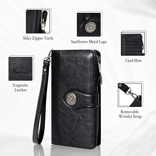 Travelambo Women's Wallet RFID Blocking Wristlet Clutch Large Capacity Credit Card Holder Leather Purse Wallets with Removable Wrist Strap