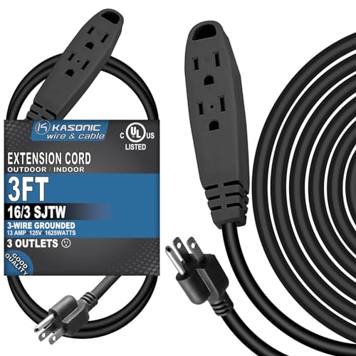 K KASONIC - 3-Feet 3 Outlet Extension Cord, UL Listed, 16/3 SJTW 3-Wire Grounded, 13 Amp 125 V 1625 Watts, Multi-Outlet Indoor/Outdoor Use, Black