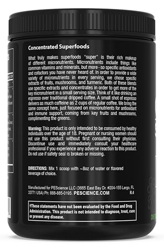 PEScience Greens Powder Superfood with Natural Chlorophyll, Reishi & Turkey Tail Mushroom Powders, Freeze-Dried Kale, Spinach, Broccoli Sprouts, Lime Flavor, 30 Servings