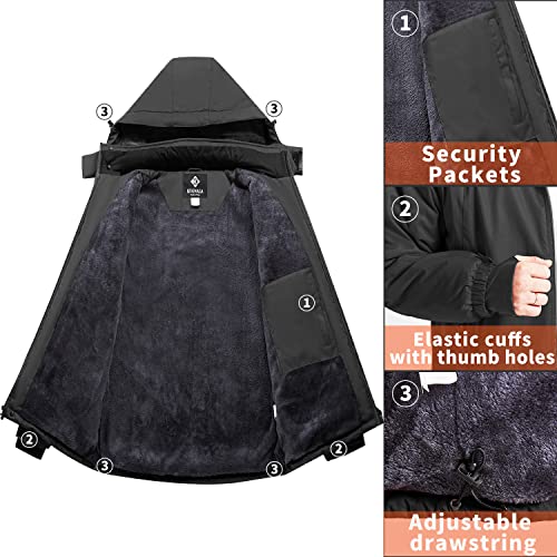 Kugnala Men's Winter Skiing Jacket Waterproof Warm Snow Fleece Lining Coat Mountain Windbreaker Hooded Windproof Rain Jacket Black S