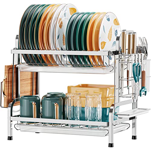 Swedecor Dish Drying Rack - 2 Tier Dish Rack with Drain Spout, Rust Resistant Dish Drainer with Cup Holder and Utensil Holder for Kitchen Countertop Small Saving Space, Black