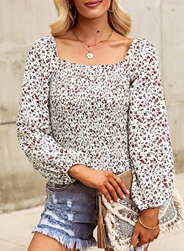 EVALESS Long Sleeve Tops for Women Off Shoulder Blouses Work Clothes for Women Business Casual Square Neck Floral Print Ladies Tops and Blouses Spring Fashion 2024 Concert Outftis Red Shirts, Large