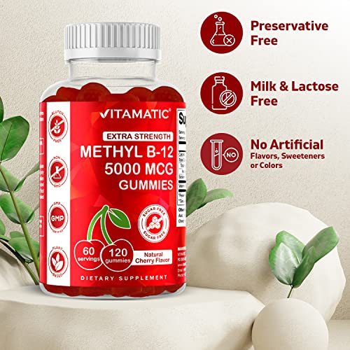 Vitamatic Extra Strength Vitamin B12 5000 mcg (Methyl B12) Gummies - 120 Count - Natural Cherry Flavored