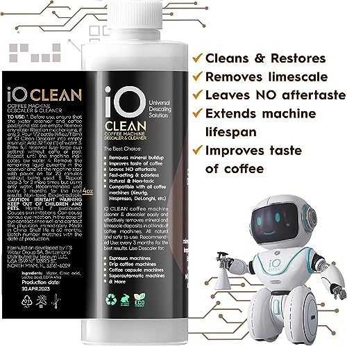 iO CLEAN Descaling Solution for All Coffee Machines – 16oz - 4 Uses – Cleaner & Descaler for Keurig, DeLonghi, Nespresso, Breville, Gaggia, Philips Saeco and Other Makers – Remove Buildup of Minerals