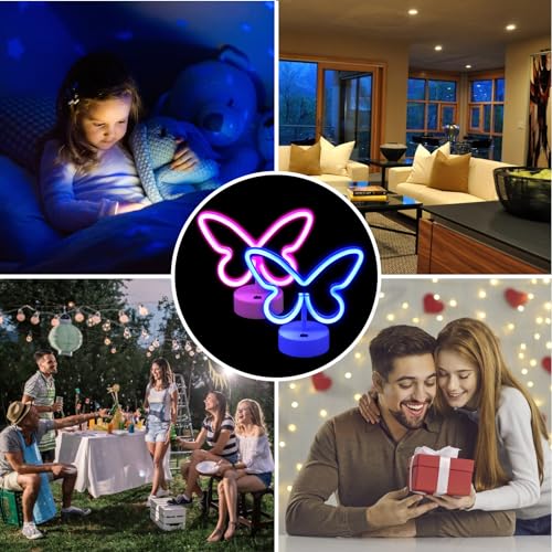 BRIGHTDECK 2 Pack Butterfly Neon Signs, LED Pink Butterfly Neon Sign Battery or USB Powered Decoration Lamp, Neon Lights Heart Decor for Valentines Day, Bedroom, Wedding, Party, Pink Room Decor