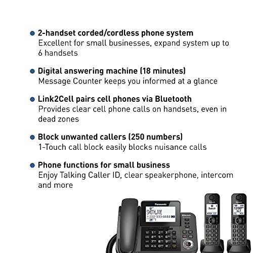 PANASONIC Bluetooth Corded / Cordless Phone System with Answering Machine, Enhanced Noise Reduction and One-Touch Call Block - 2 Handsets - KX-TGF382M (Metallic Black)