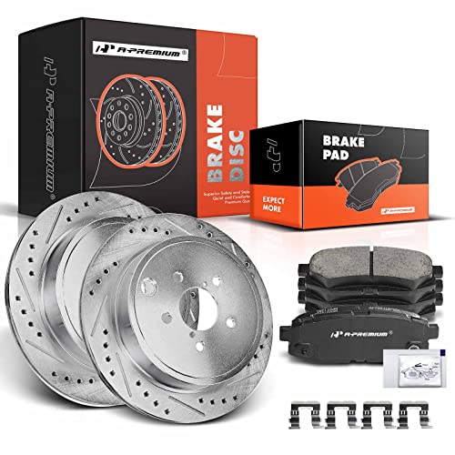 A-Premium 11.42 inch (290mm) Rear Drilled and Slotted Disc Brake Rotors + Ceramic Pads Kit Compatible with Select Scion and Subaru Models - FR-S 13-16, BRZ 13-17, Legacy 10-13, Outback 10-14