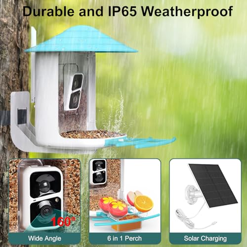 birdsnap® TUC- Smart Bird Feeder with Camera+Solar Panel SD Card 4-in-1 Perch, 160°View 1080P Auto Detect & Notify, AI Identify 10000+ Bird Watching Camera Wireless Outdoor for Bird Lover, Blue