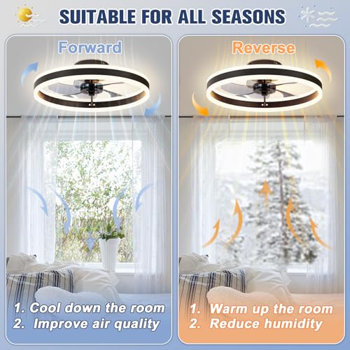 VOLISUN Fandelier Ceiling Fans with Lights and Remote, 15.7in Low Profile Ceiling Fan Flush Mount, 3000K-6500K Dimmable Bladeless LED Fan Light, Black Modern Ceiling Fans with Lights for Bedroom