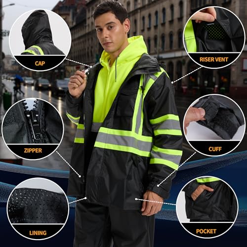 Hi Vis Rain Jacket for Men,Waterproof Class 3 Safety Rain Suit with Removable Hood & Black Bottom,High Visibility Rain Gear with Interior Mesh Lining